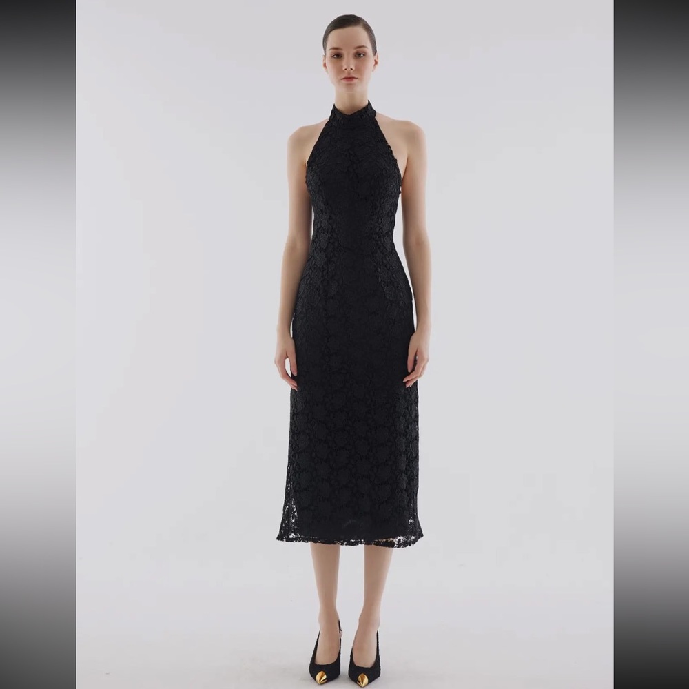 07 Halter Neck Lace Black Midi Dress with Back Detail